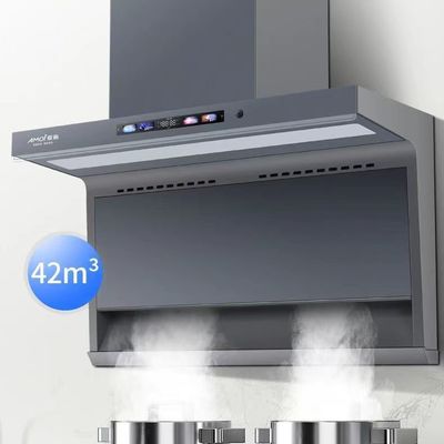 Casas de aluminio con capó de cocina con diseño de chimenea de cristal curva montada en la pared