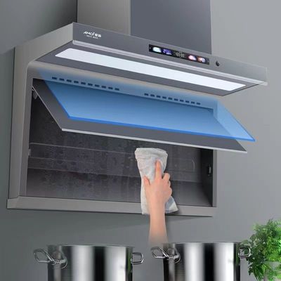 Casas de aluminio con capó de cocina con diseño de chimenea de cristal curva montada en la pared
